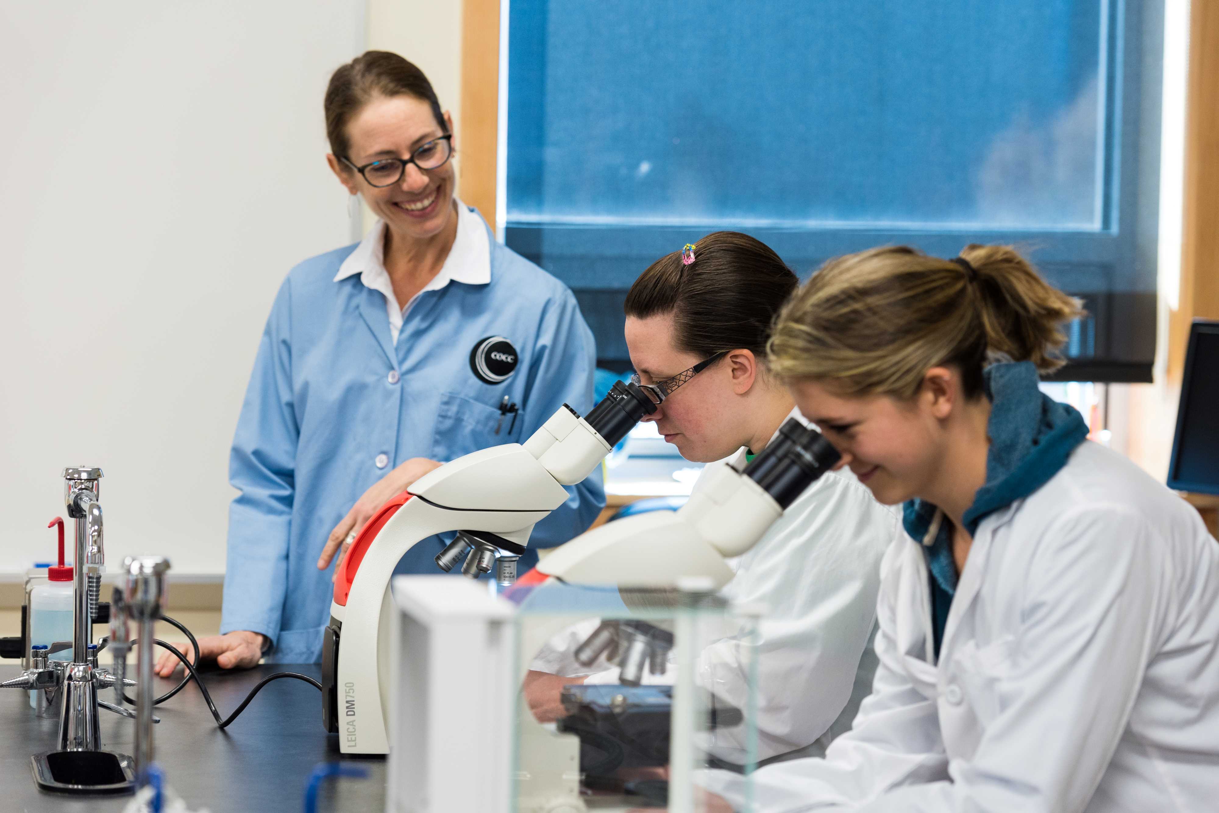 Teaching and Classroom Management Teacher and students using microscopes
