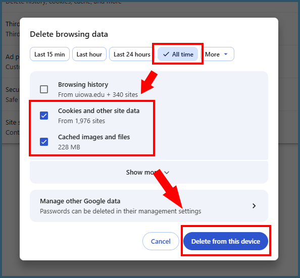 Chrome delete cache