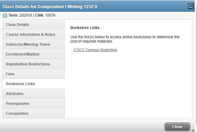 The Bookstore Links page with a COCC Campus Bookstore link on the Class details for Composition I Writinf 121Z class 