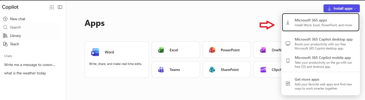 Microsoft Copilot landing page "Install Apps" 