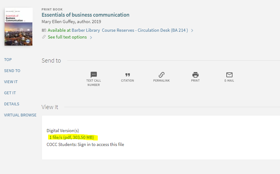 Active link shows library catalog screen with active link to access online course reserves file