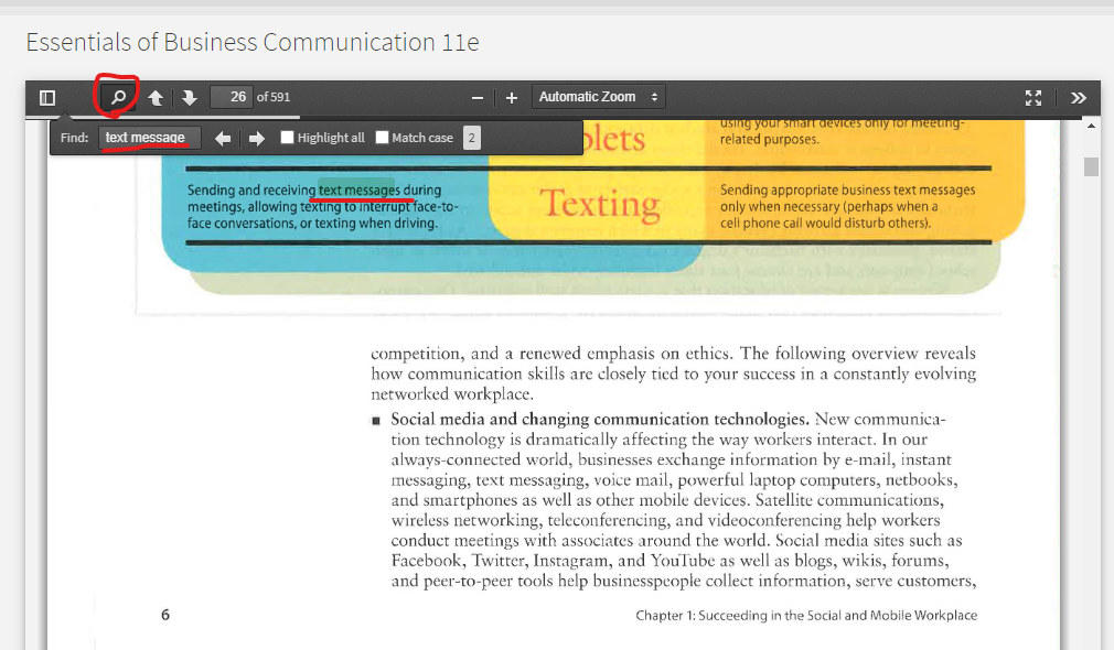 Search select magnifying glass icon, enter word or phrase to search, and it will be highlighted in the text
