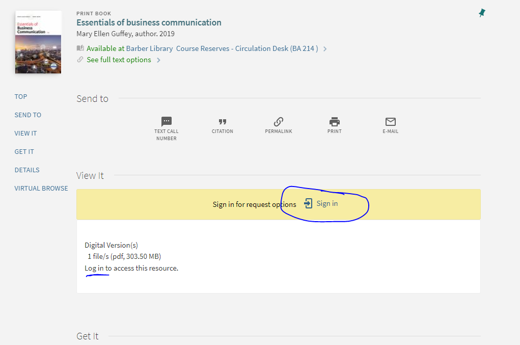Sign in shows library catalog screen with message for user to sign in to access file