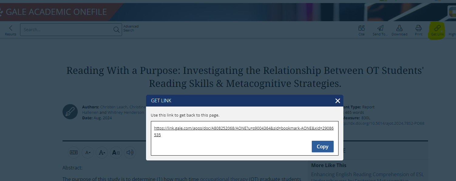 A result in Gale databases showing the "Get Link" menu option selected. 