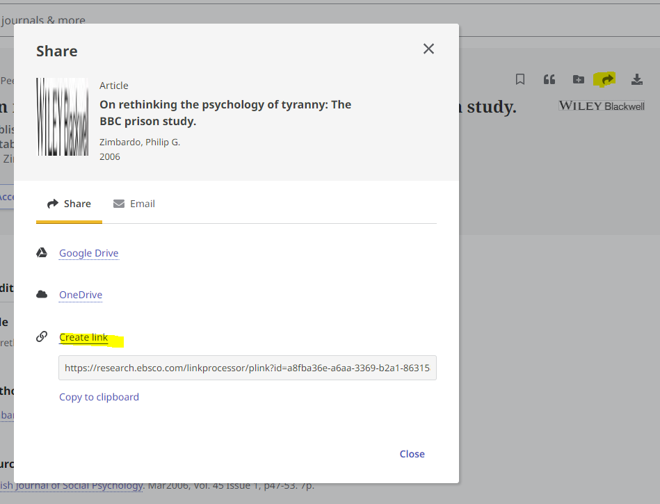 The Share option in ebsco, with the create link option used to generate a permalink. 