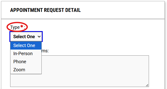 appointment request detail with type dropdown selected