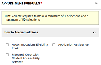 appointment purposes section and selection boxes